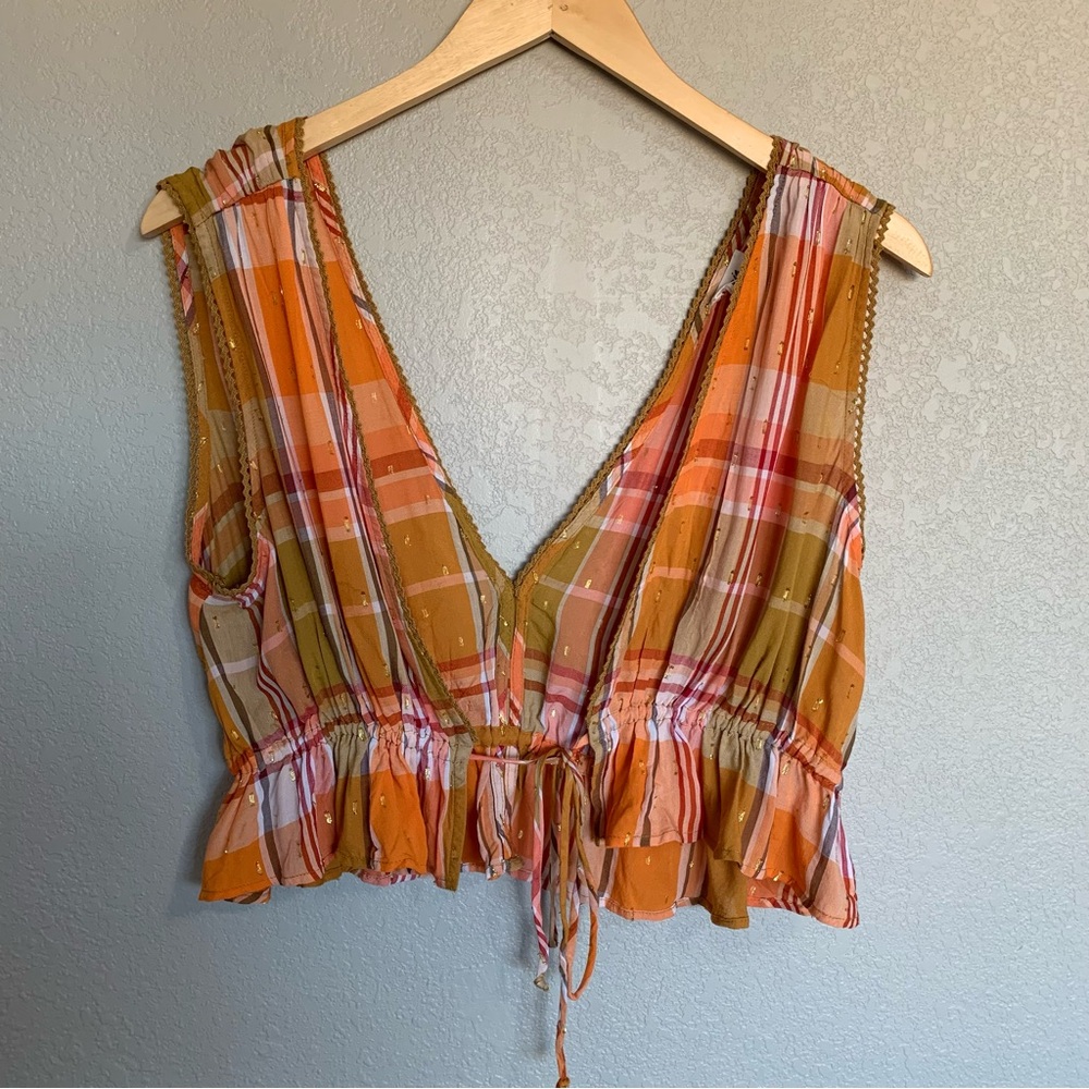 Aerie Orange Plaid Sleeveless Peplum Crop Top Size Medium NWT